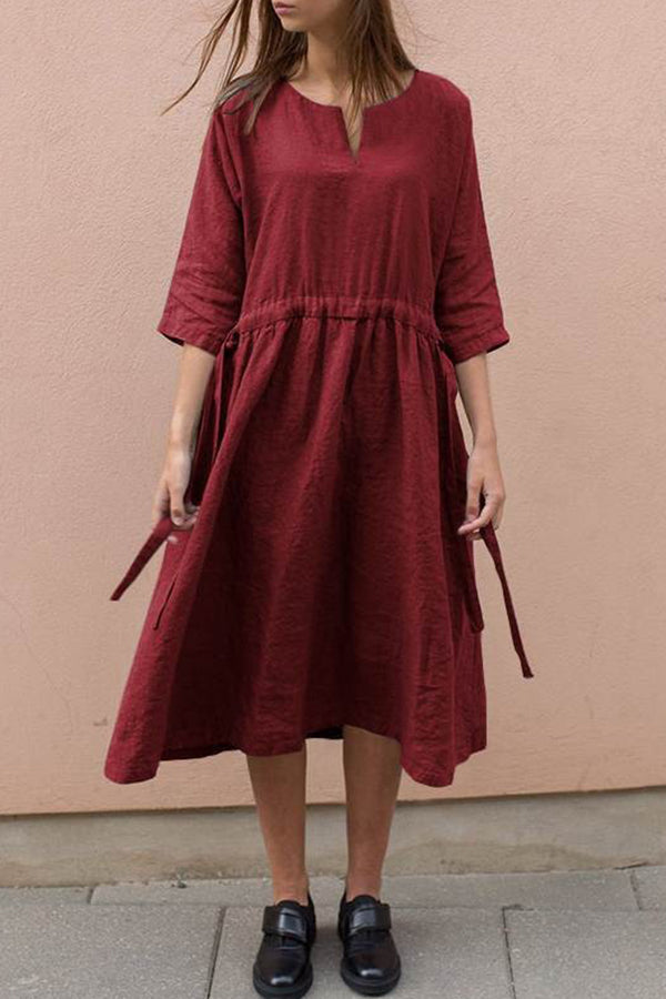 Lace-up V-neck cotton linen mid-sleeve dress