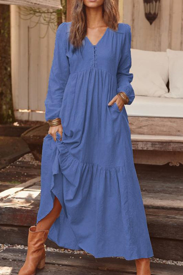 Cotton and linen retro casual long-sleeved dress with big swing