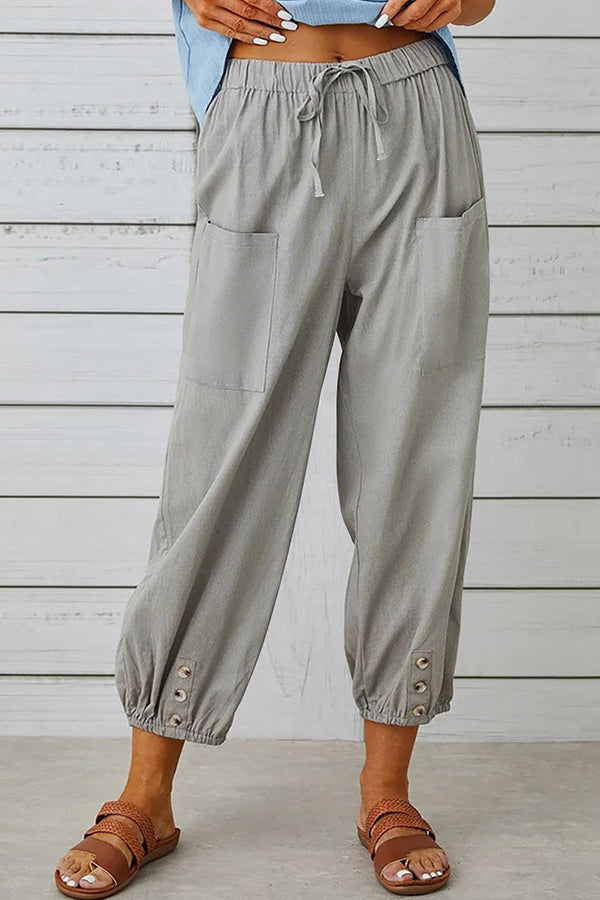 Loose casual button down cropped cotton linen trousers wide leg