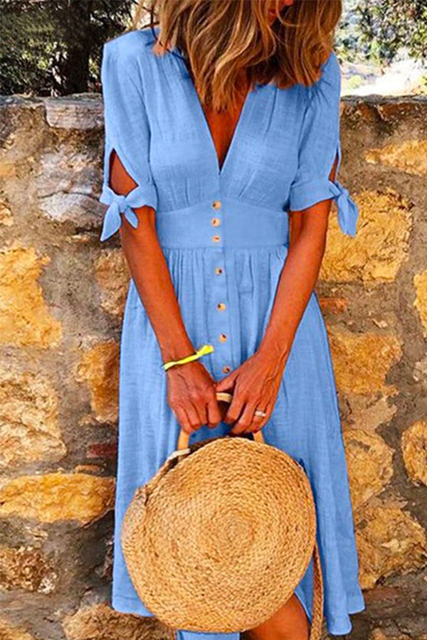 V Neck Bow Knot Sleeves Button Down Midi Swing Dress