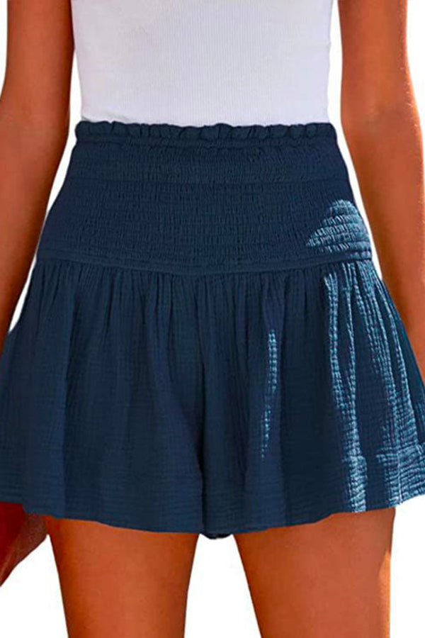 Elastic Smocked Waist Wide Leg Solid Shorts