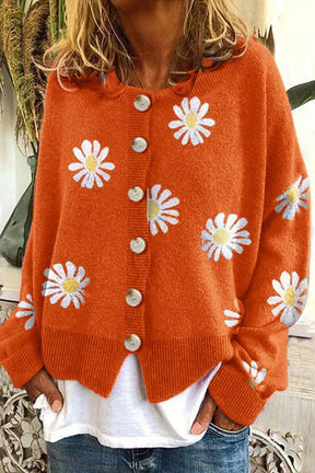 Round Neck Floral Embroidery Knitted Sweater Cardigan