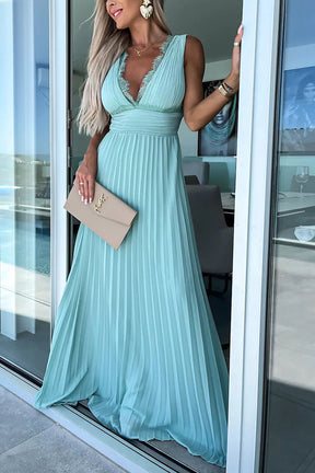 Always Elegant Lace Trim V-neck Pleated Maxi Dress