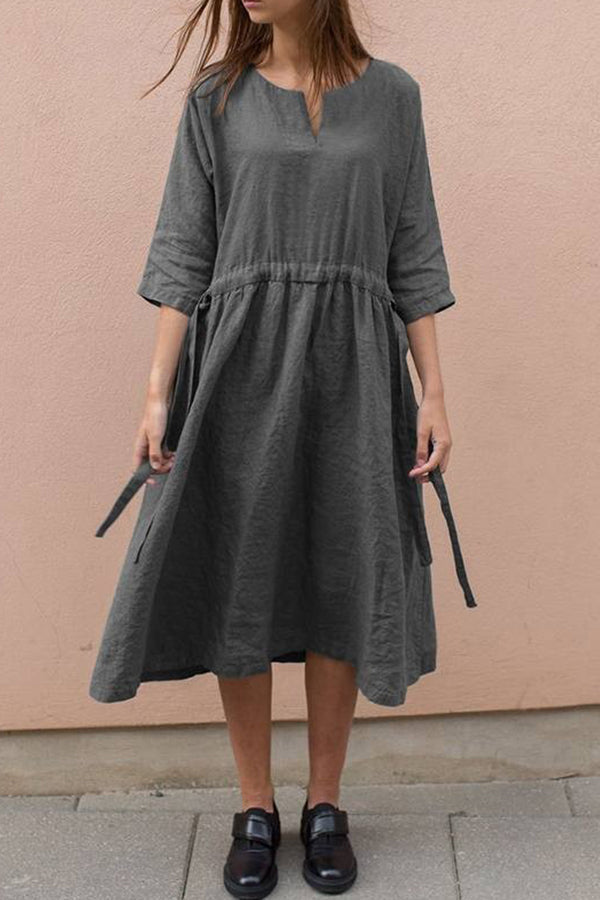 Lace-up V-neck cotton linen mid-sleeve dress