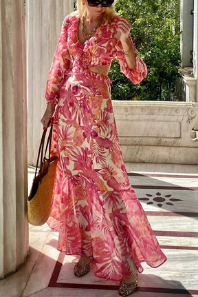 Make Me Blush Floral Ruffle Side Cutout Waist Maxi Dress