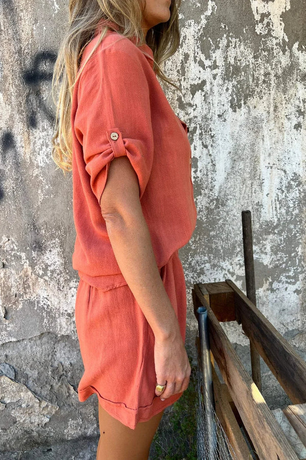 Orange Summer Cotton and Linen Short-sleeved Suit