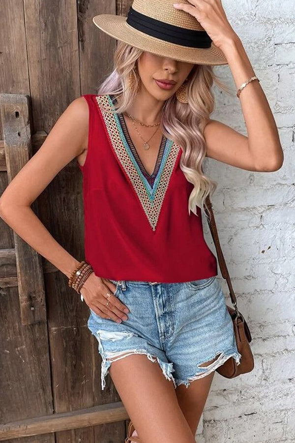 V-neck lace casual solid color shirt