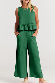 Sleeveless pleated vest wide-leg cropped pants casual suit