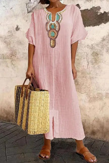 V-neck Casual Loose Retro Ethnic Print Short-sleeved Maxi Dress