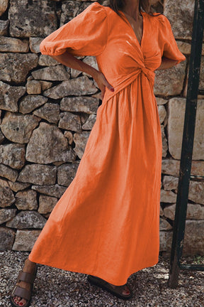 Pure color temperament high waist thin V-neck puff sleeve mid-length dress