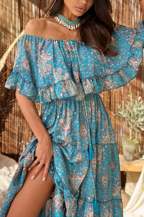 BOHO style floral one-shoulder ruffled multi-layer dress