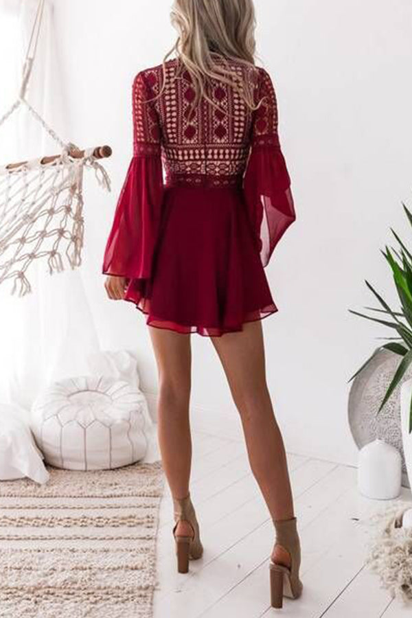 Lace crochet hollow V-neck strappy flared long-sleeved chiffon dress