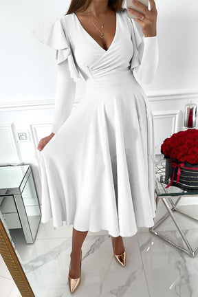 Long-sleeved V-neck Ruffled Long-sleeved Waist Dress