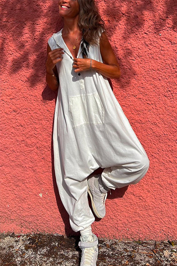 Button Down Hoodied Sleeveless Baggy Jumpsuit