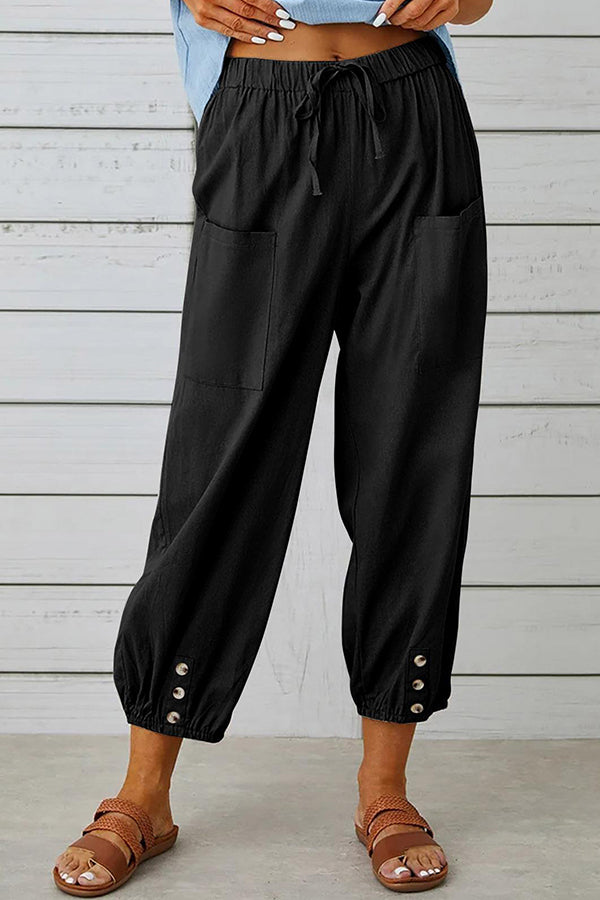Loose casual button down cropped cotton linen trousers wide leg