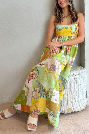 Dragon Family Printed Linen Blend Pocketed Back Knotted Midi Dress