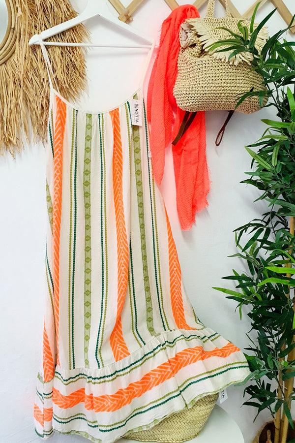 Happy Sunday Linen Blend Ethnic Print A-line Cami Maxi Dress