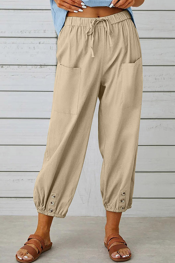 Loose casual button down cropped cotton linen trousers wide leg