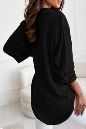 V Neck Button Roll Sleeve Patch Pocket Loose Straight Long Sleeve Shirt