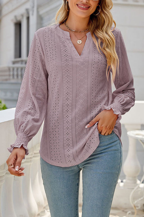 Solid color hollowed out gathered ruffle sleeve V-neck loose long-sleeved top