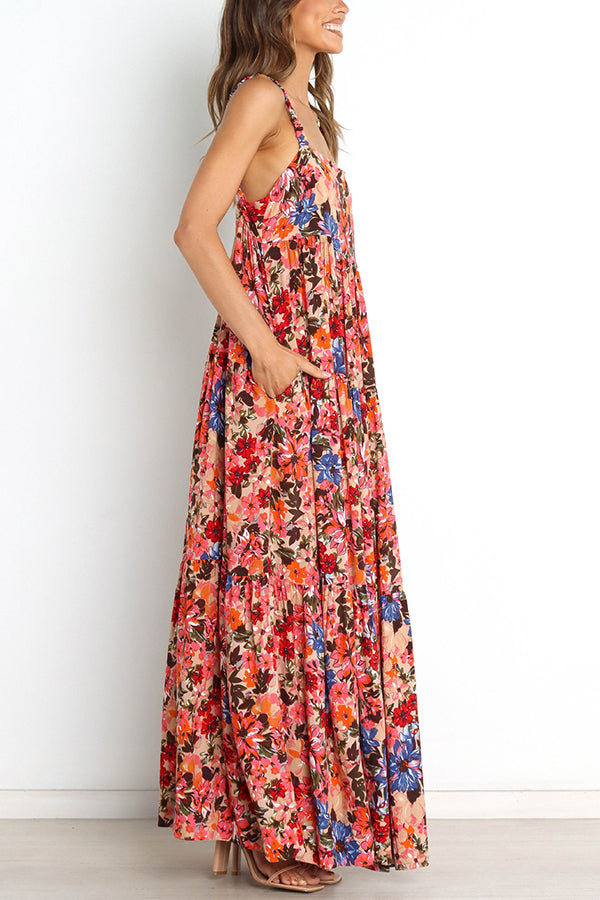 Uniquely Lovely Floral Pocketed Tiered A-line Maxi Dress