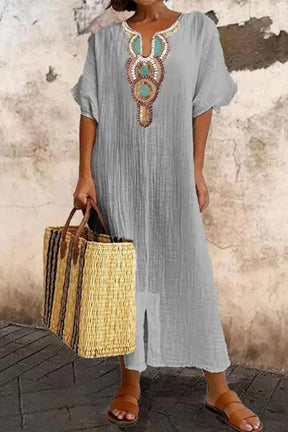 V-neck Casual Loose Retro Ethnic Print Short-sleeved Maxi Dress