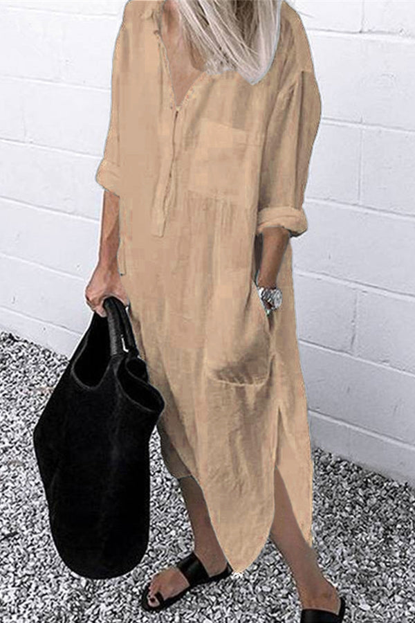 Elegant Solid Color Slit Shirt Dress