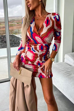 Wrap V Neck Long SLeeve Ruched Printed Bodycon Dress