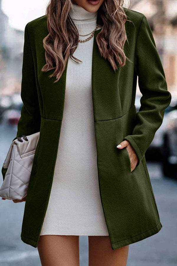 Fashion Stand Collar Pocket Long Sleeve Solid Color Coat