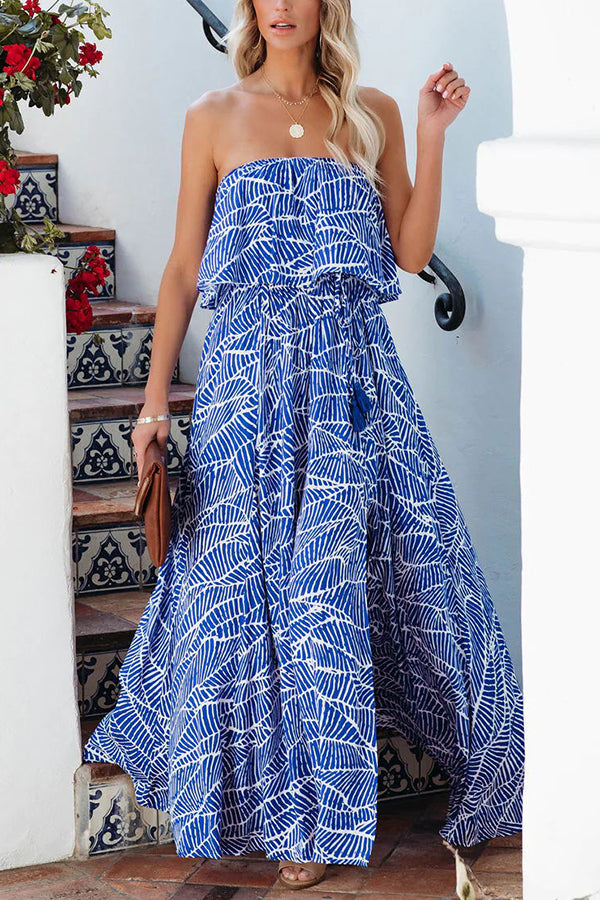 Summer Picnic Printed Elastic Waist Strapless Tie Maxi Dress