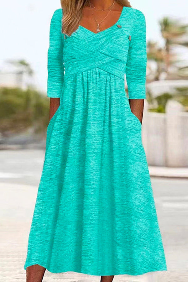 V Neck Long Sleeve Cross Front A-Line Swing Dress
