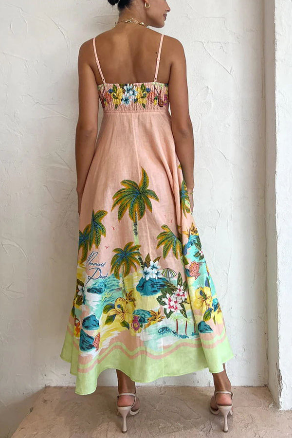 Coconut Scenery Linen Blend Tropical Print Smocked Back Midi Dress