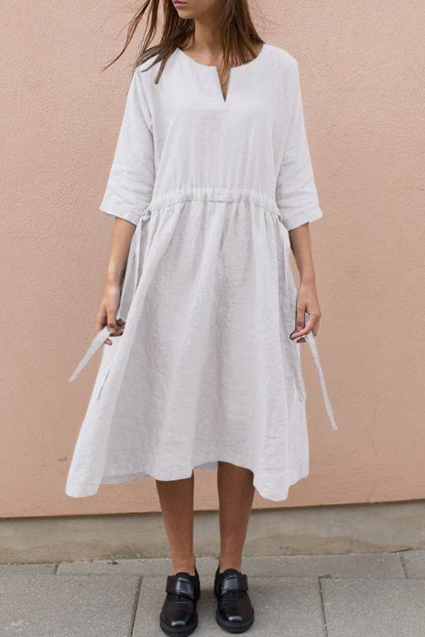 Lace-up V-neck cotton linen mid-sleeve dress