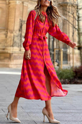 Women's Dresses Wavy Print Lace-Up Long Sleeve Shirt Dress