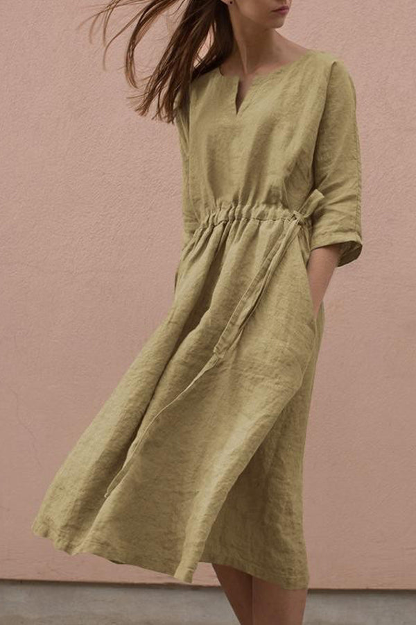 Lace-up V-neck cotton linen mid-sleeve dress