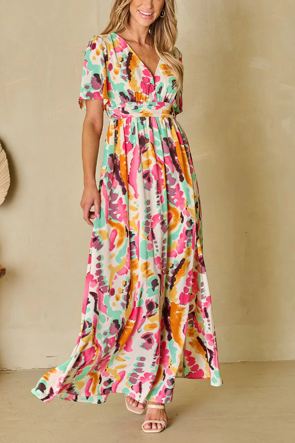 Boho Tie-dye Print V Neck Maxi Dress
