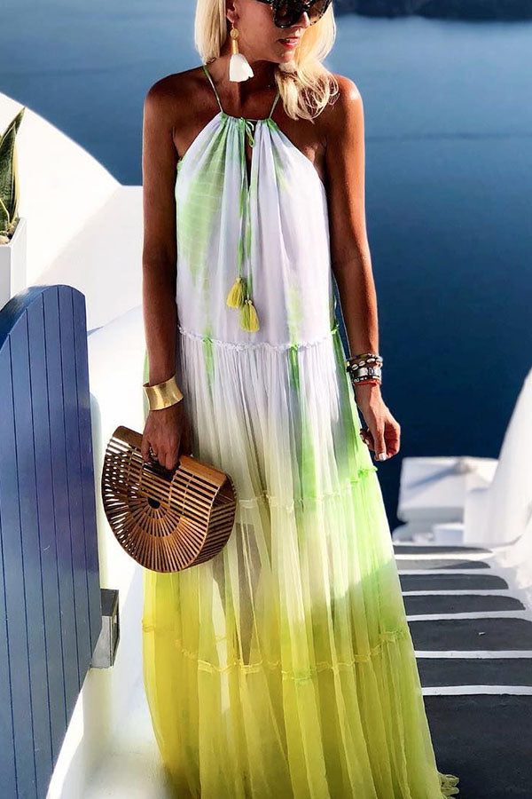 Island Evenings Gradient Print Tassel Halter Maxi Dress