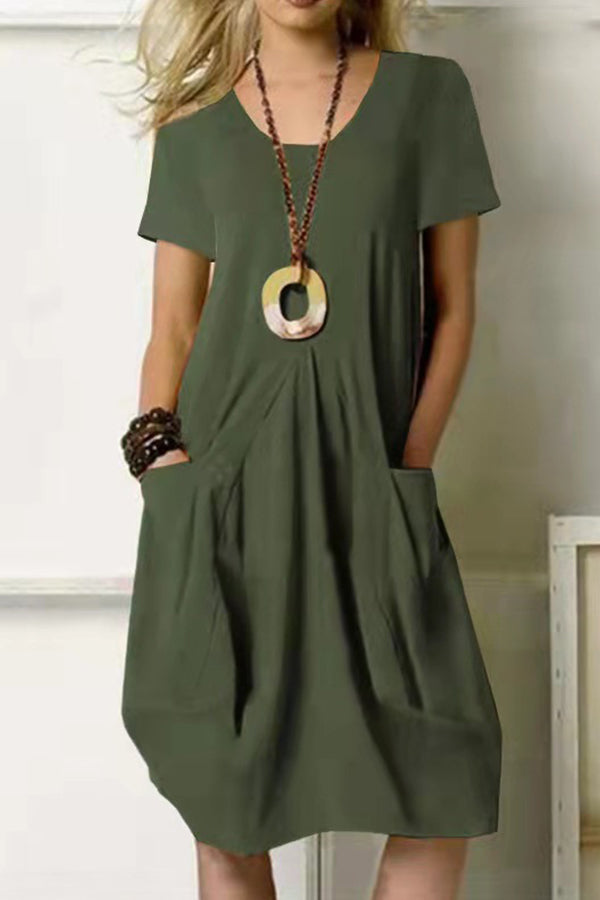 Cotton Linen Solid Color Loose Round Neck Short Sleeve Tank Dress