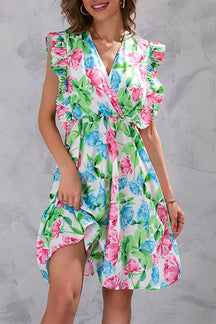 Summer flower waist ruffled sleeveless dress