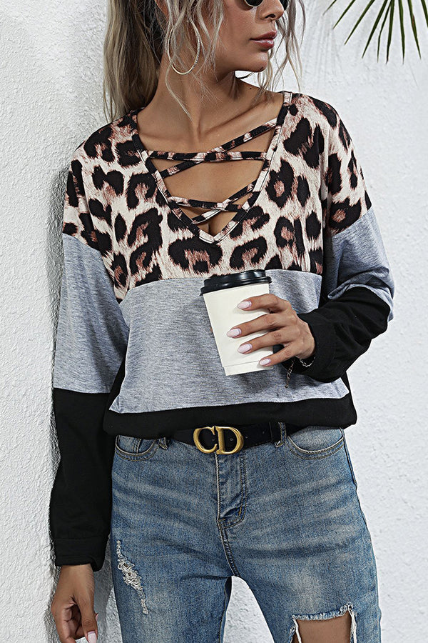 women's long sleeve leopard print stitching t-shirt