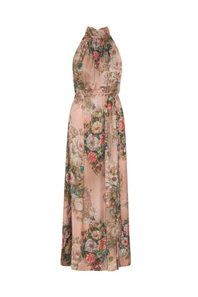 Elegant Vintage Rose Print Halter Neck Maxi Dress