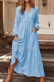 Cotton and linen retro casual long-sleeved dress with big swing