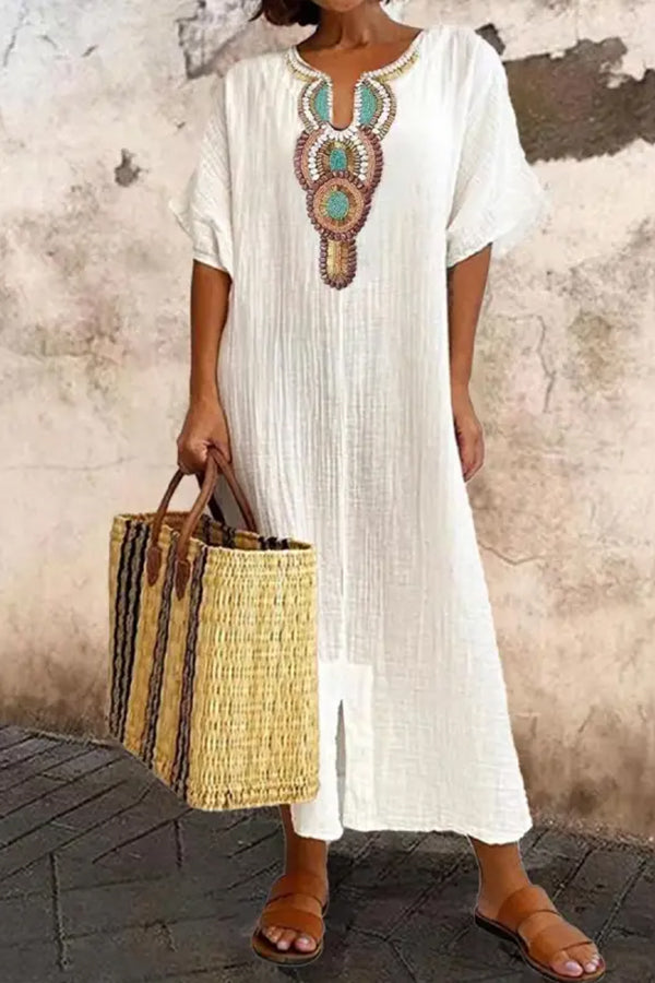 V-neck Casual Loose Retro Ethnic Print Short-sleeved Maxi Dress
