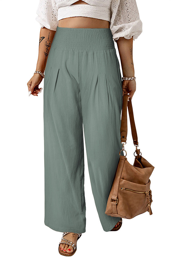 Smocked Wide Waistband High Waist Wide Leg Pants