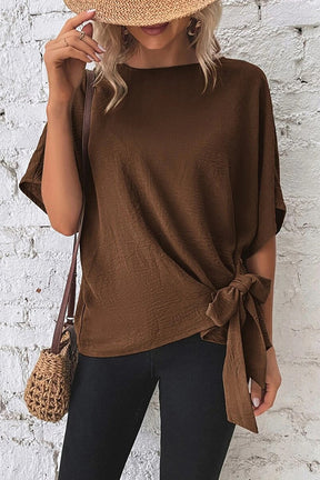 Solid Color Batwing Sleeve Hem Knotted Loose T Top