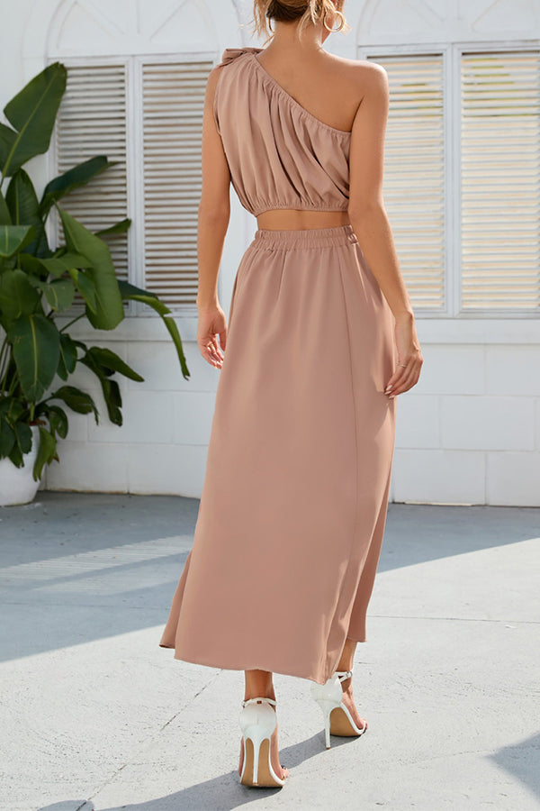 Fashion slanted shoulder bowknot suit slit large swing dress two-piece set