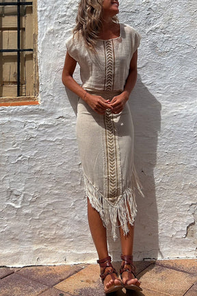 Chill Style Linen Blend Ethnic Print Wrap Tassel Midi Skirt