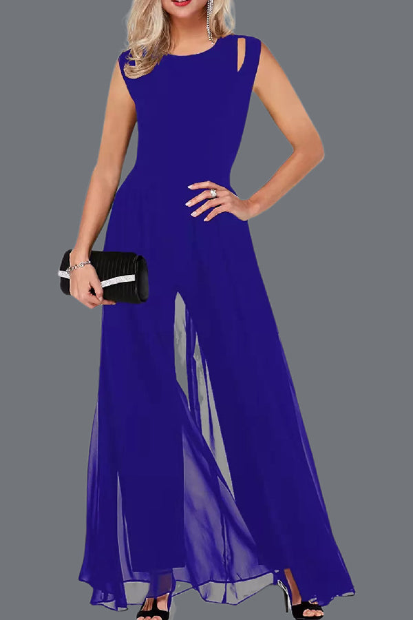 Round neck sleeveless hollow solid color jumpsuit