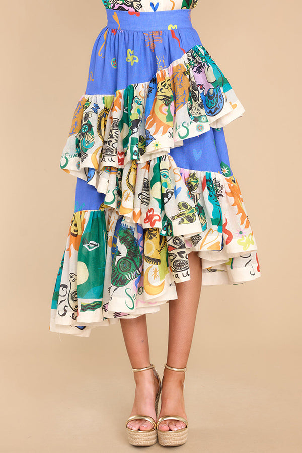 Sandy Sunshine Unique Print Irregular Ruffles Tiered Midi Skirt