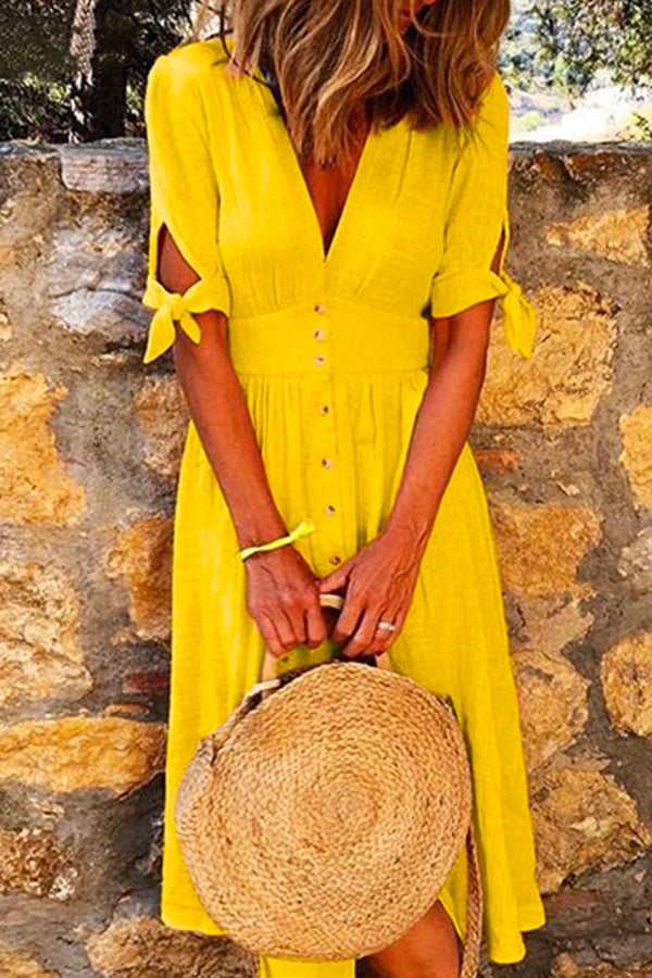 V Neck Bow Knot Sleeves Button Down Midi Swing Dress